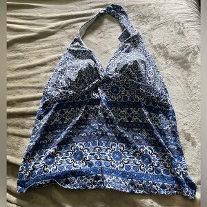 Lands’ End Royal And Navy Print Halter Style Swim Top Size 18